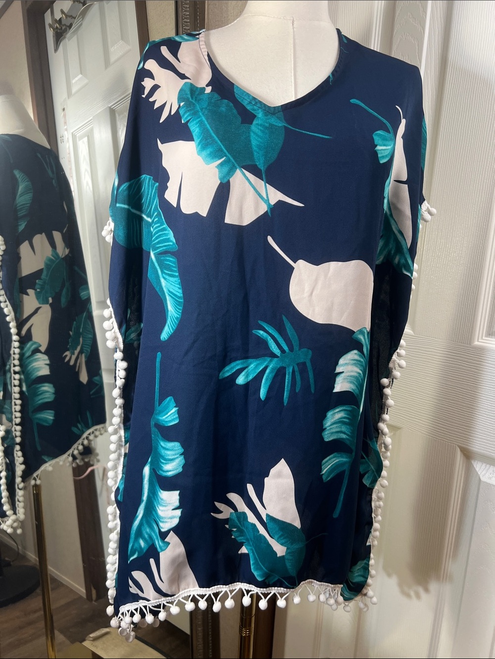 Navy Tropical Leaf Pom-Pom Tunic Top